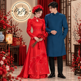 ÁO DÀI CƯỚI CẶP ĐỎ KẾT LÔNG VŨ VÀ XANH