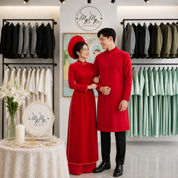 ÁO DÀI CẶP ĐỎ NHUNG TRƠN