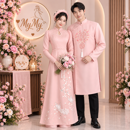 ÁO DÀI CẶP HỒNG KẾT LÔNG VŨ VÀ HAI CHỮ HỶ