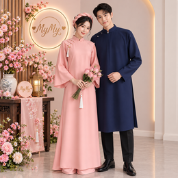 ÁO DÀI CẶP HỒNG VÀ XANH PHOM SUÔNG
