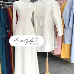 ÁO DÀI CẶP TRẮNG ĐÍNH KẾT CHỮ HỶ PHA LÊ