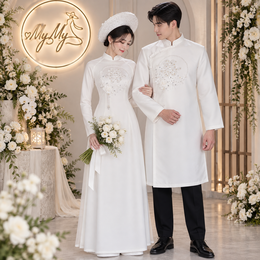 ÁO DÀI CƯỚI CẶP TRẮNG ĐÍNH KẾT CHỮ HỶ VÀ HOA
