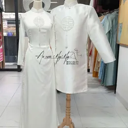 ÁO DÀI CẶP TRẮNG ĐÍNH CHỮ HỶ PHA LÊ