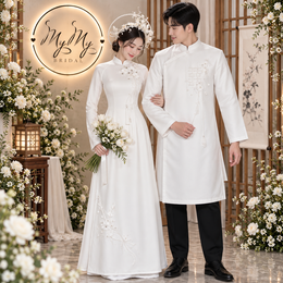 ÁO DÀI CƯỚI CẶP TRẮNG ĐÍNH KẾT HOA TUARUA