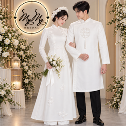 ÁO DÀI CẶP TRẮNG HOA XOAN VÀ CHỮ HỶ