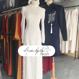 ÁO DÀI CẶP TRẮNG HOA XOAN VÀ XANH HỶ VUÔNG