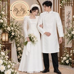 ÁO DÀI CƯỚI CẶP TRẮNG KẾT NƠ VÀ CHỮ HỶ ĐÔI