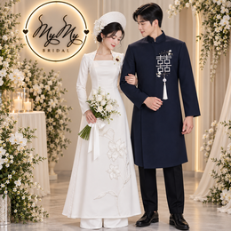 ÁO DÀI CẶP TRẮNG HOA BÁCH HỢP VÀ XANH HỶ VUÔNG