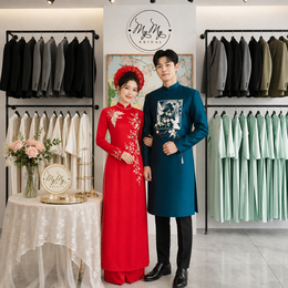 ÁO DÀI CẶP XANH ĐỎ HỌA TIẾT CHIM HẠC VÀ HOA