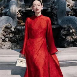ÁO DÀI CÔ DÂU ĐỎ HỌA TIẾT THỌ DƠI
