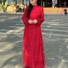 ÁO DÀI CÔ DÂU ĐỎ REN PHOM SUÔNG