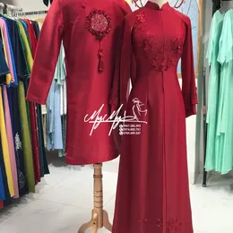 ÁO DÀI CƯỚI CẶP ĐỎ CHỮ HỶ VÀ HOA 3D