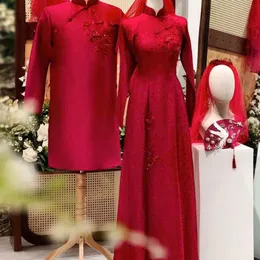 ÁO DÀI CƯỚI CẶP ĐỎ ĐÍNH KẾT HOA PHA LÊ