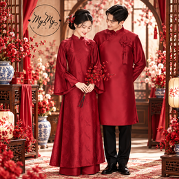ÁO DÀI CƯỚI CẶP ĐỎ GẤM VÂN MÂY KẾT HOA