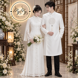 ÁO DÀI CƯỚI CẶP TRẮNG CHỮ HỶ VÀ REN HOA CÁCH ĐIỆU