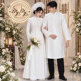ÁO DÀI CƯỚI CẶP TRẮNG ĐÍNH KẾT CHỮ HỶ VUÔNG VÀ HOA
