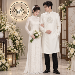 ÁO DÀI CƯỚI CẶP TRẮNG REN HOA VÀ CHỮ HỶ