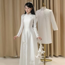 ÁO DÀI CƯỚI CẶP TRẮNG THÊU HOA MẪU ĐƠN