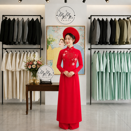 ÁO DÀI CÔ DÂU ĐỎ ĐÍNH KẾT CHỮ HỶ VÀ HOA