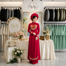 ÁO DÀI CÔ DÂU ĐỎ THÊU CHỮ HỶ