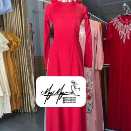 ÁO DÀI CÔ DÂU ĐỎ KẾT HOA CỔ