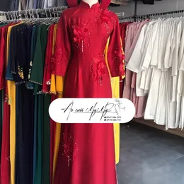 ÁO DÀI CÔ DÂU ĐỎ KẾT HOA