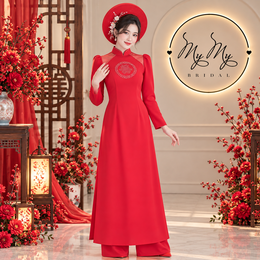 ÁO DÀI CÔ DÂU ĐỎ CHỮ HỶ VAI PHỐI REN