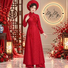 ÁO DÀI CÔ DAU ĐỎ ĐÍNH KẾT HOA MƠ
