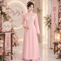 ÁO DÀI CÔ DÂU HỒNG CHỮ HỶ HOA NỔI