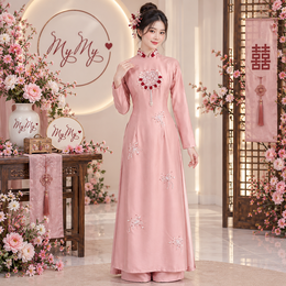 ÁO DÀI CÔ DÂU HỒNG CHỮ HỶ KẾT HOA