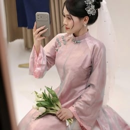 ÁO DÀI CÔ DÂU HỒNG PHỐI REN XANH