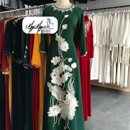 ÁO DÀI SUI XANH THÊU HOA SEN VÀ SẾU