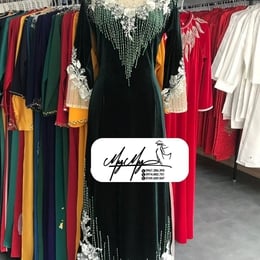 ÁO DÀI SUI XANH ĐÍNH KẾT HOA HỒNG TRẮNG