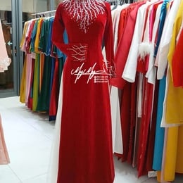 ÁO DÀI SUI ĐỎ ĐÍNH KẾT PHA LÊ CỔ