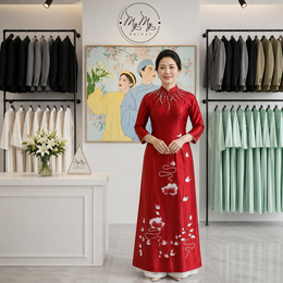 ÁO DÀI BÀ SUI ĐỎ ĐÍNH KẾT HOA SEN TRẮNG PHỐI ĐỎ