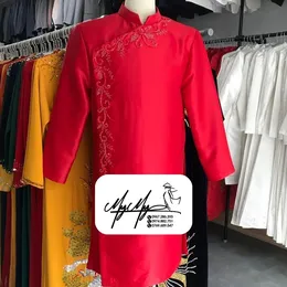 ÁO DÀI CHÚ RỂ ĐỎ ĐÍNH KẾT HẠT PHA LÊ TÀ