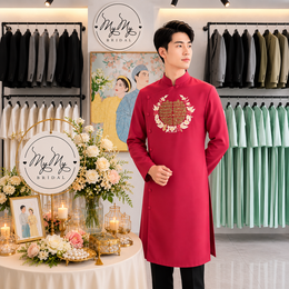 ÁO DÀI CHÚ RỂ ĐỎ THÊU HOA VÀ CHỮ HỶ