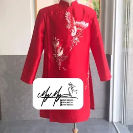 ÁO DÀI CHÚ RỂ ĐỎ KẾT HẠC RUY BĂNG