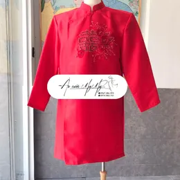 ÁO DÀI CHÚ RỂ ĐỎ CHỮ HỶ VÀ HOA NỔI