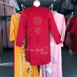 ÁO DÀI CHÚ RỂ ĐỎ ĐÔ HAI CHỮ HỶ