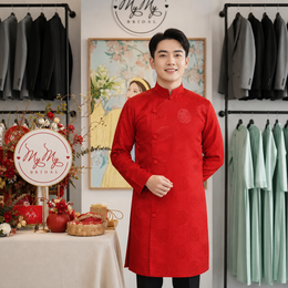 ÁO DÀI CHÚ RỂ ĐỎ GẤM HỌA TIẾT CHỮ THỌ