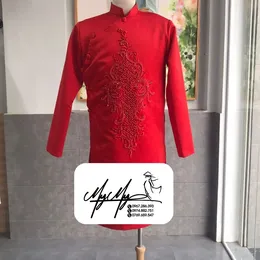 ÁO DÀI CHÚ RỂ ĐỎ ĐÍNH KẾT PHA LÊ