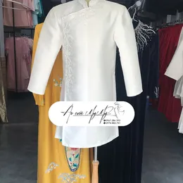 ÁO DÀI CHÚ RỂ TRẮNG KẾT PHA LÊ