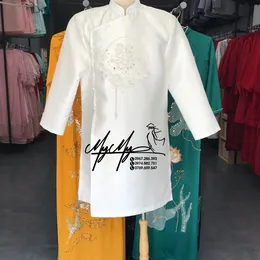 ÁO DÀI CHÚ RỂ TRẮNG CHỮ HỶ VÀ HOA 3D