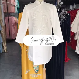 ÁO DÀI CHÚ RỂ TRẮNG ĐÍNH KẾT PHA LÊ