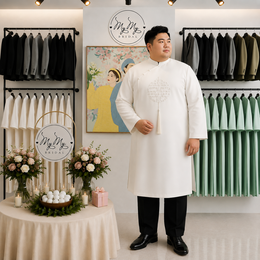 ÁO DÀI CHÚ RỂ TRẮNG CHỮ HỶ SIZE LỚN