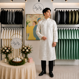 ÁO DÀI CHÚ RỂ TRẮNG GẤM HỌA TIẾT TRÚC ĐÀO