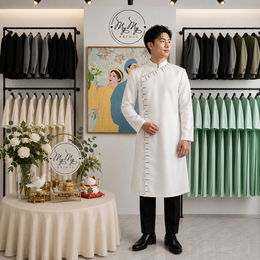 ÁO DÀI CHÚ RỂ TRẮNG ĐÍNH KẾT TÀ