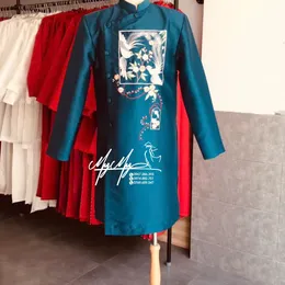 ÁO DÀI CHÚ RỂ XANH THÊU HOA