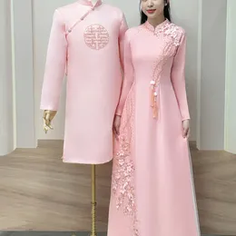 ÁO DÀI CẶP HỒNG ĐÍNH KẾT HOA VÀ CHỮ HỶ